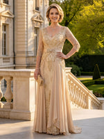 A Line V Neck 3/4 Sleeves Long Mother of the Bride Dresses with Belt