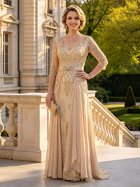 A Line V Neck 3/4 Sleeves Long Mother of the Bride Dresses with Belt