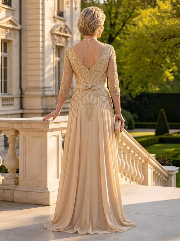 A Line V Neck 3/4 Sleeves Long Mother of the Bride Dresses with Belt