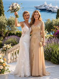 A Line V Neck 3/4 Sleeves Long Mother of the Bride Dresses with Belt