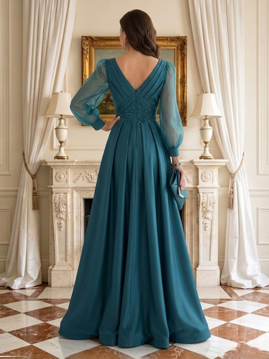 A Line V Neck Long Sleeves Mother of the Bride Dresses with Slit