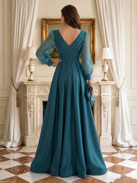 A Line V Neck Long Sleeves Mother of the Bride Dresses with Slit