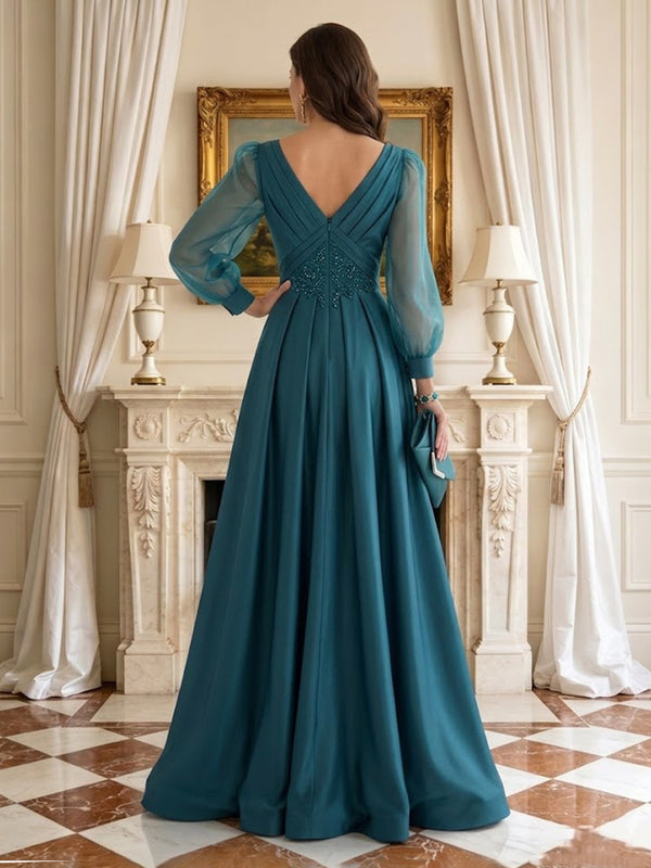 A Line V Neck Long Sleeves Mother of the Bride Dresses with Slit