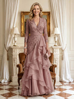A Line V Neck 3/4 Sleeves Long Mother of the Bride Dresses