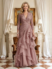 A Line V Neck 3/4 Sleeves Long Mother of the Bride Dresses