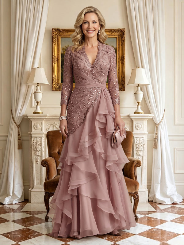 A Line V Neck 3/4 Sleeves Long Mother of the Bride Dresses