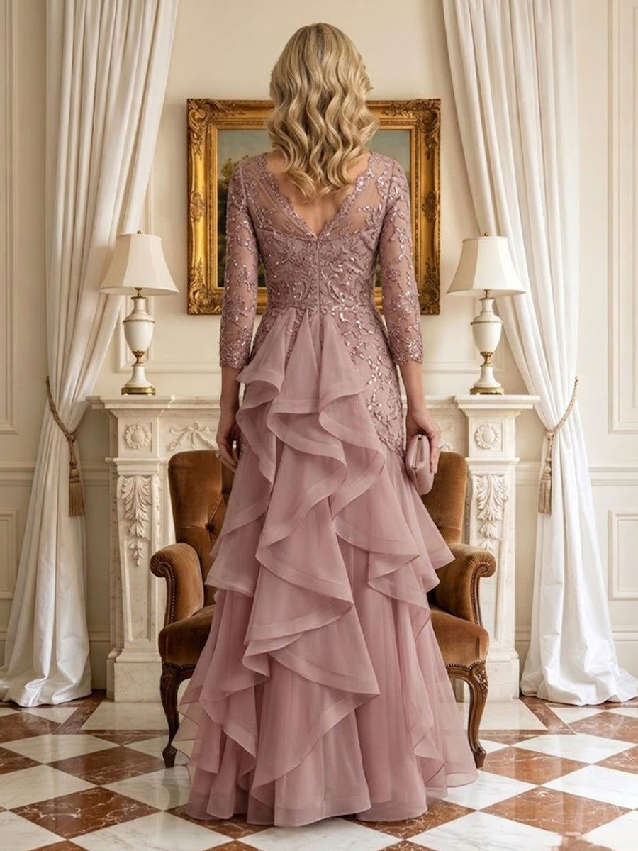 A Line V Neck 3/4 Sleeves Long Mother of the Bride Dresses