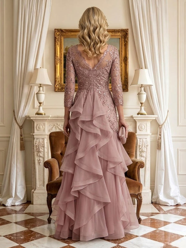 A Line V Neck 3/4 Sleeves Long Mother of the Bride Dresses