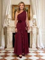 A Line One Shoulder Sleeveless Long Mother of the Bride Dresses with Flower