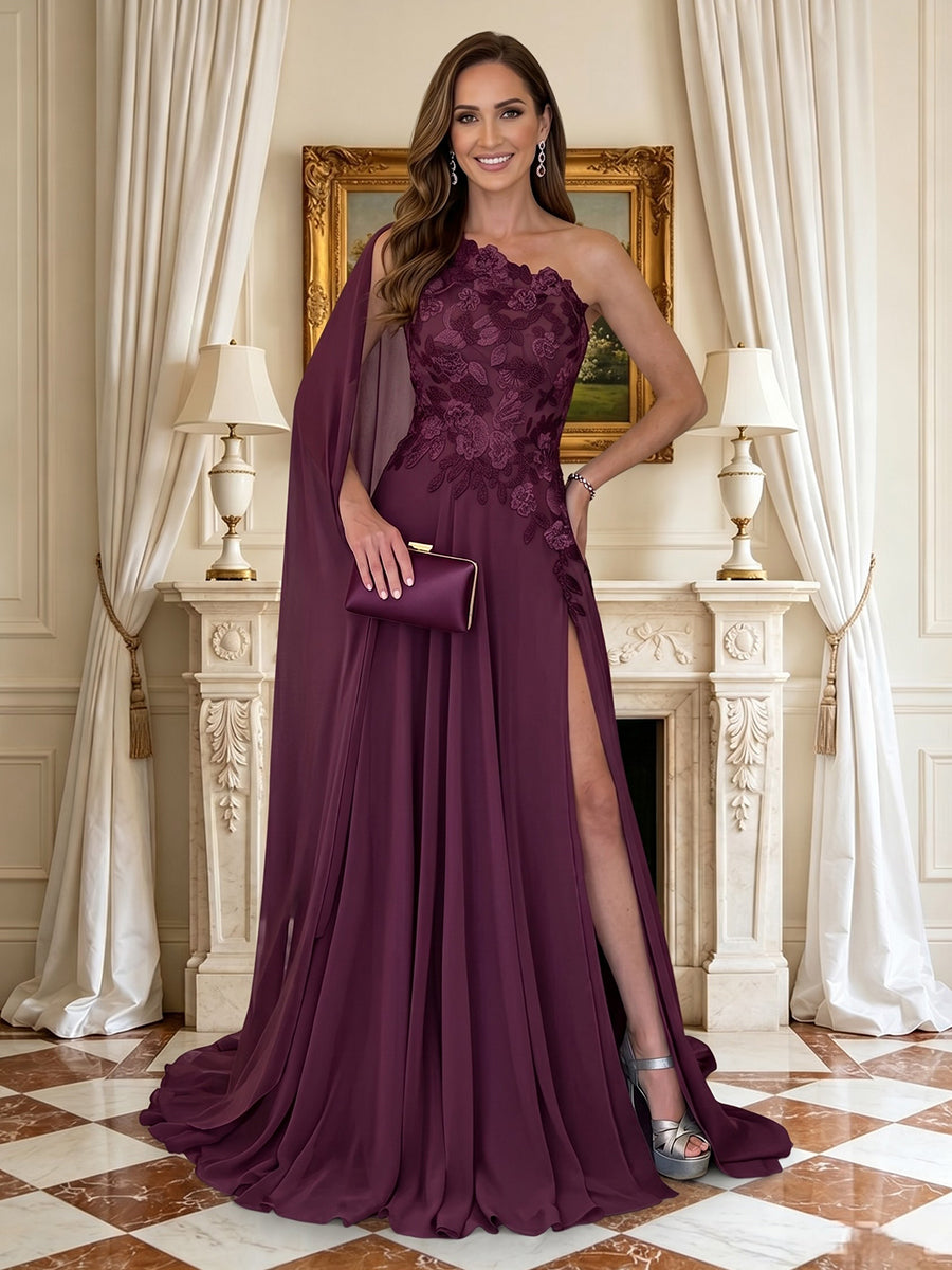 A Line One Shoulder Sleeveless Long Mother of the Bride Dresses with Slit