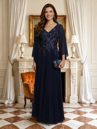 A Line V Neck Pleated Long Sleeves Mother of the Bride Dresses