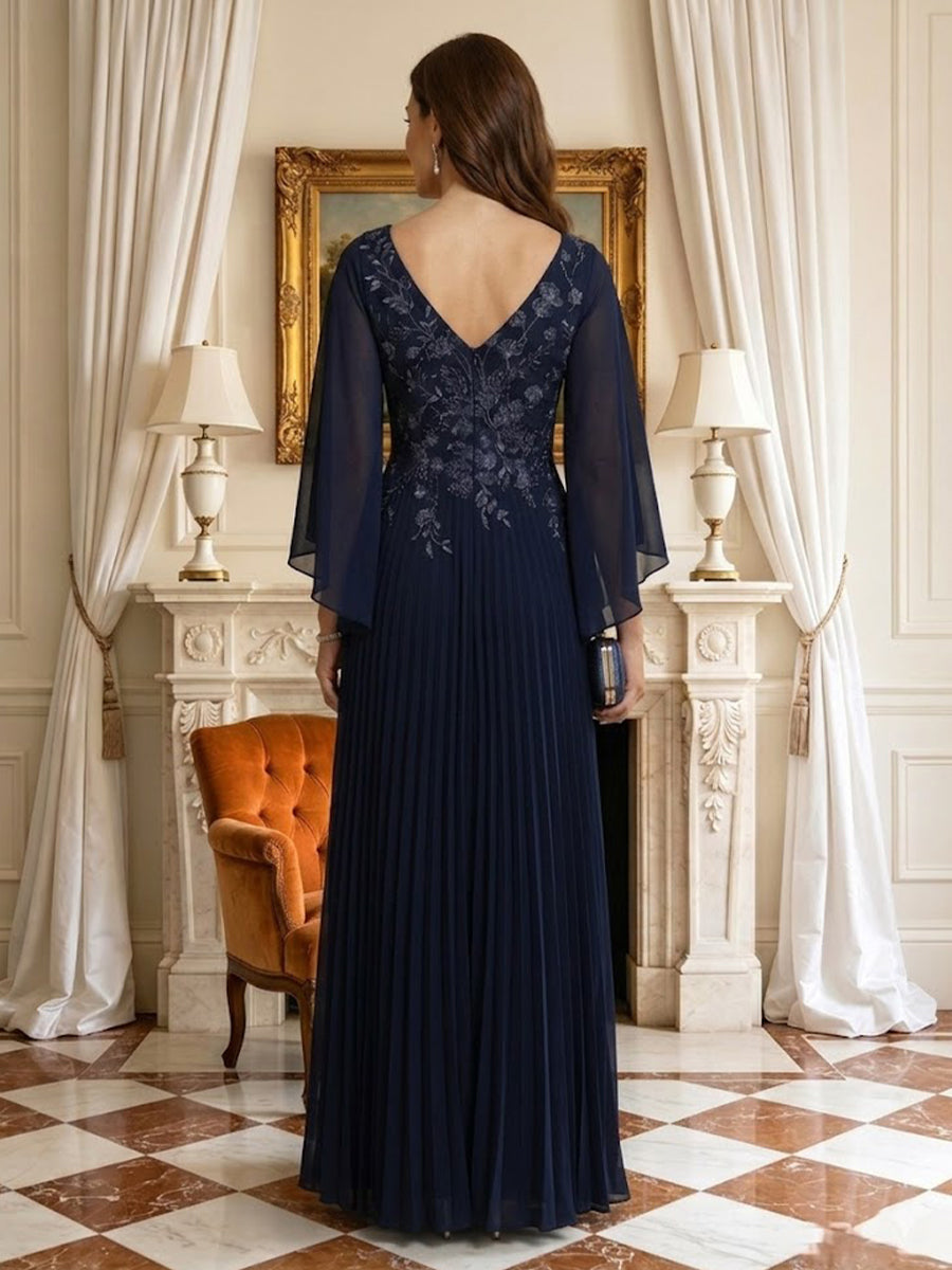 A Line V Neck Pleated Long Sleeves Mother of the Bride Dresses