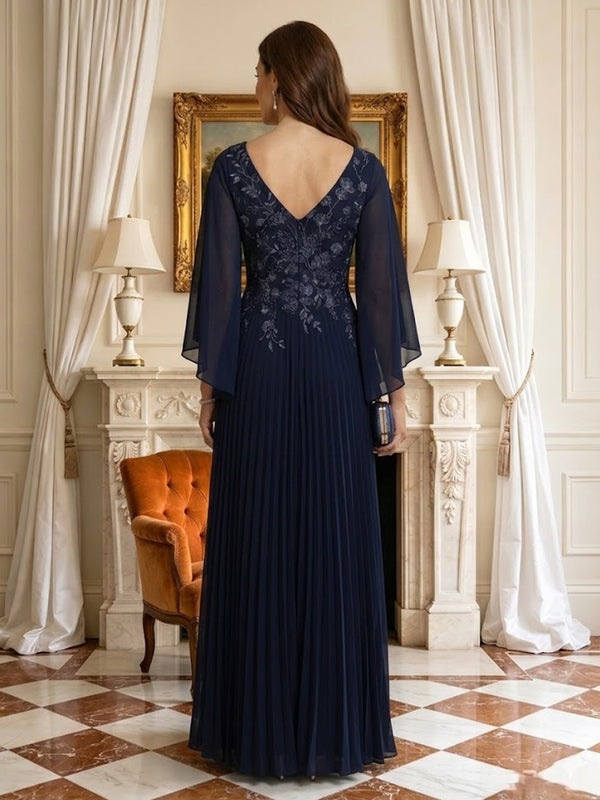 A Line V Neck Pleated Long Sleeves Mother of the Bride Dresses