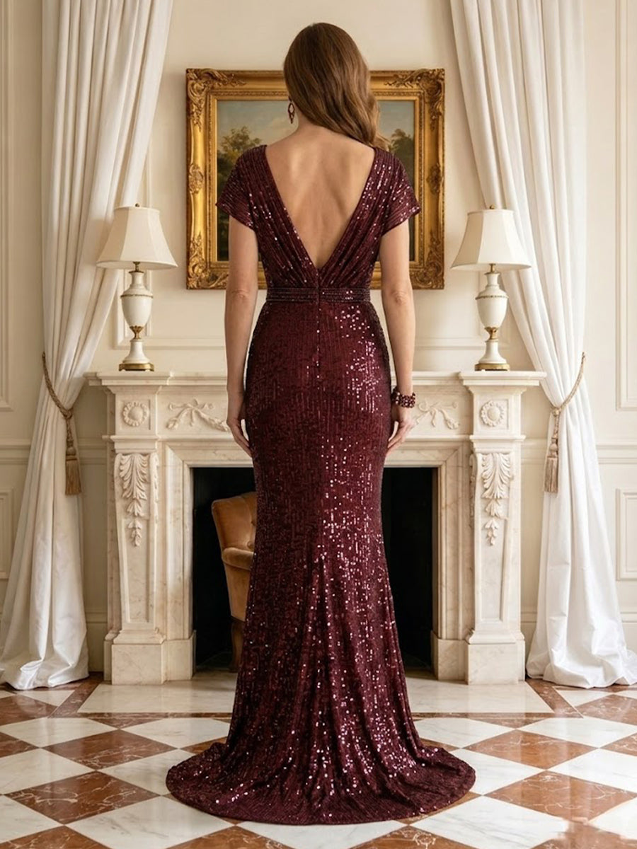 Sequin Mermaid V Neck Short Sleeves Mother of the Bride Dresses