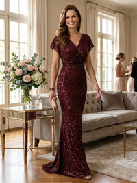 Sequin Mermaid V Neck Short Sleeves Mother of the Bride Dresses