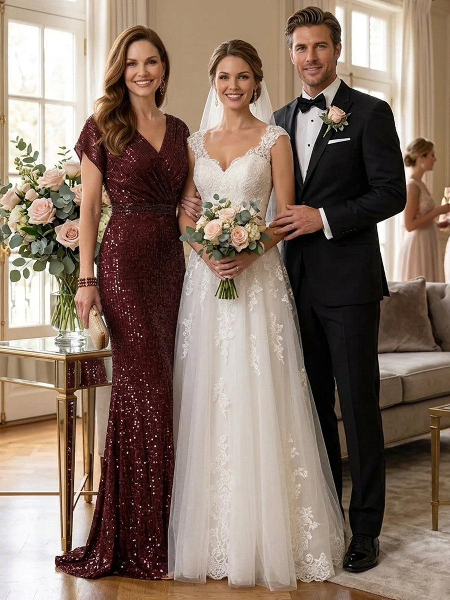 Sequin Mermaid V Neck Short Sleeves Mother of the Bride Dresses