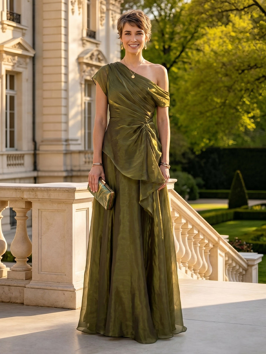A Line One Shoulder Short Sleeves Long Mother of the Bride Dresses