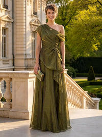 A Line One Shoulder Short Sleeves Long Mother of the Bride Dresses