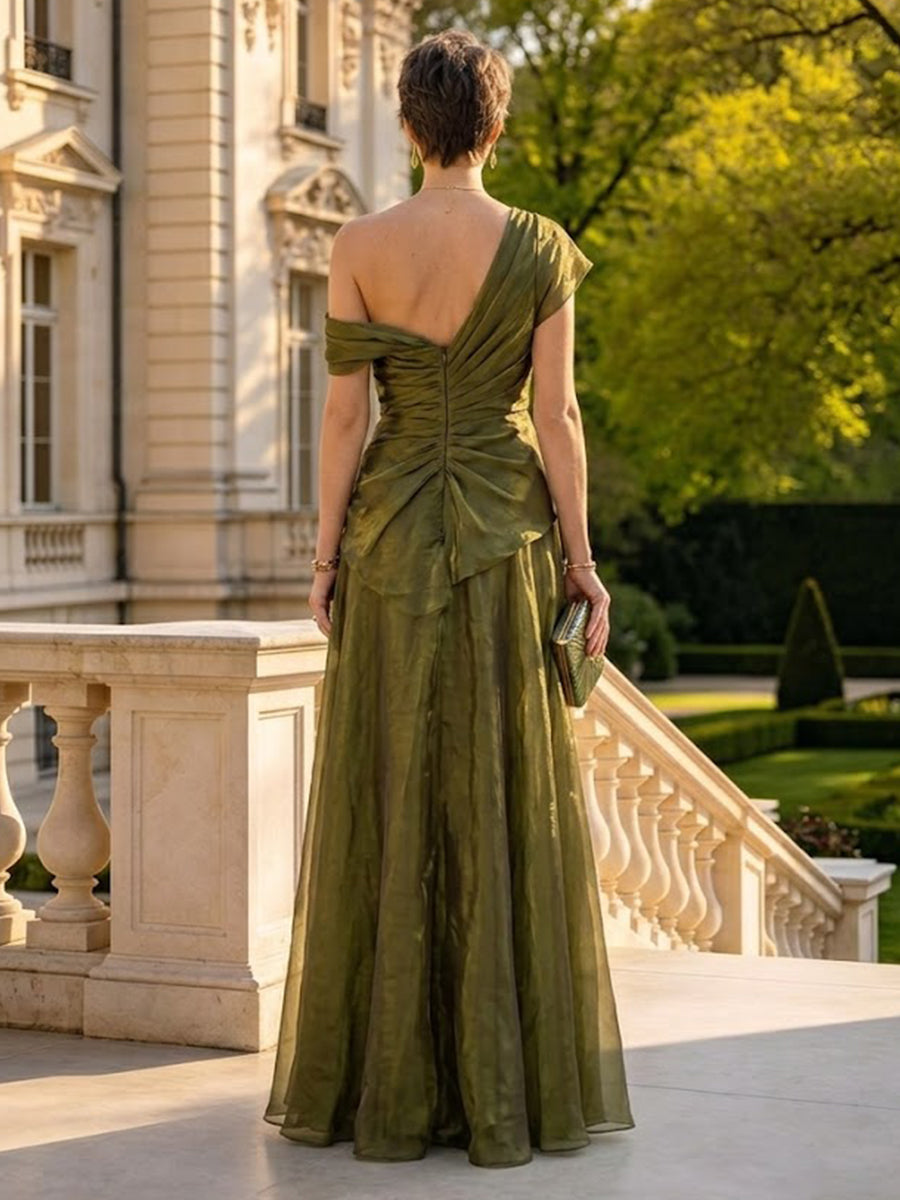 A Line One Shoulder Short Sleeves Long Mother of the Bride Dresses