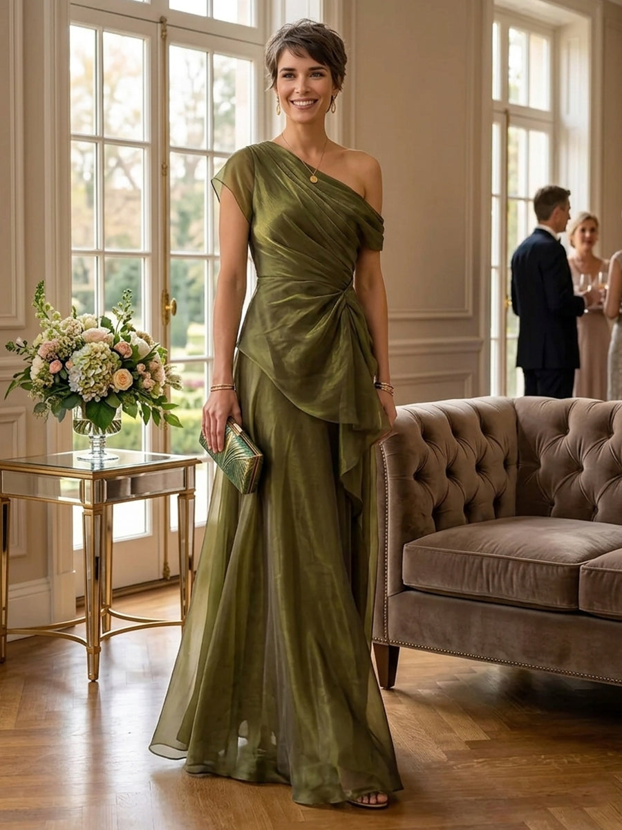 A Line One Shoulder Short Sleeves Long Mother of the Bride Dresses