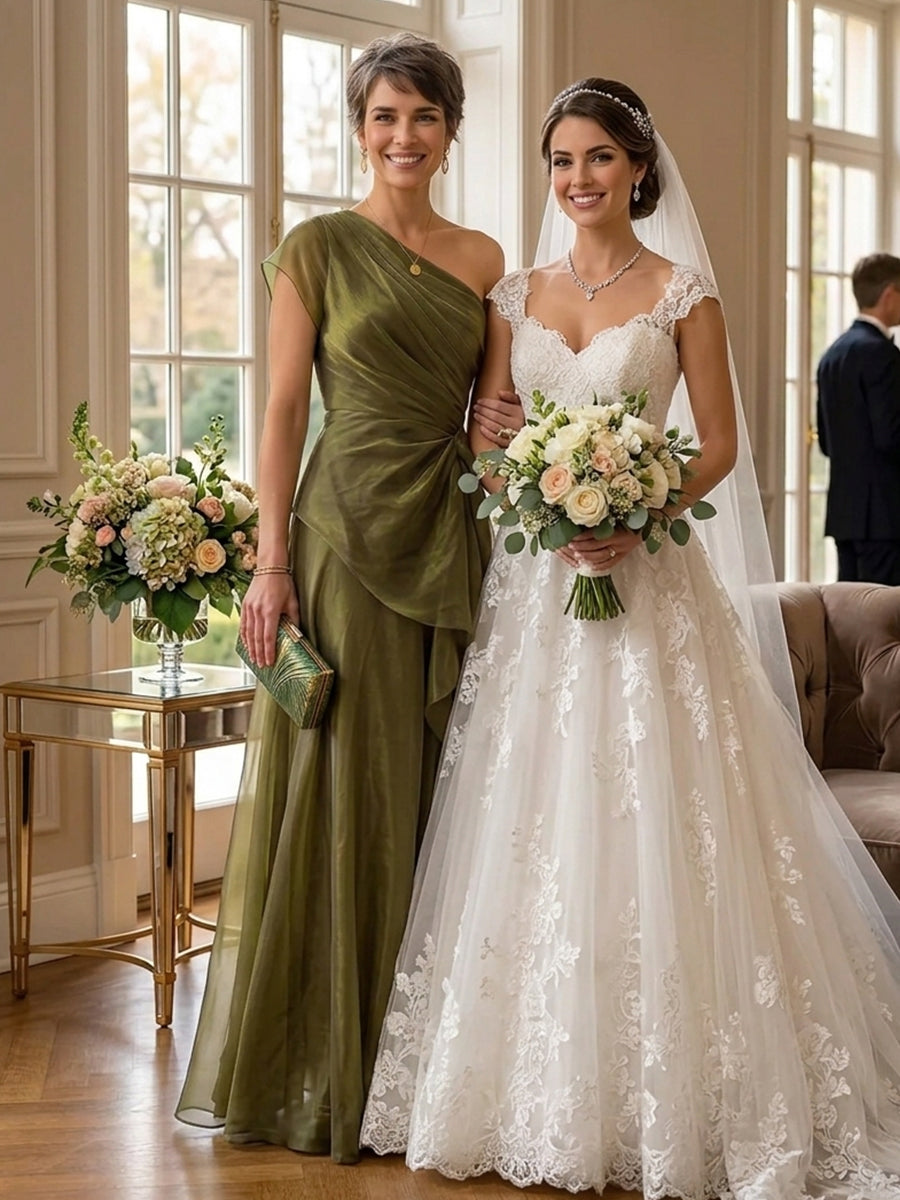 A Line One Shoulder Short Sleeves Long Mother of the Bride Dresses