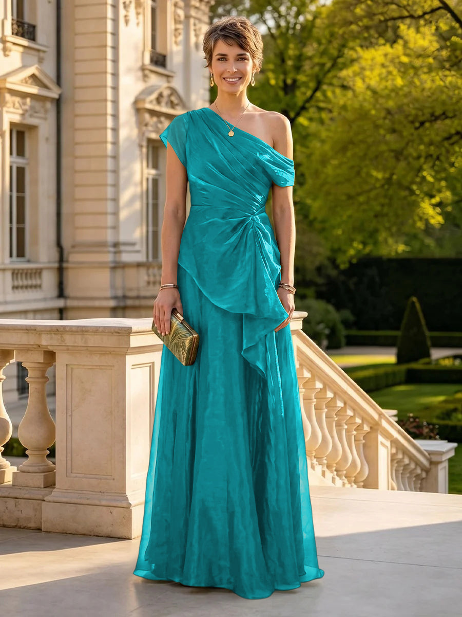 A Line One Shoulder Short Sleeves Long Mother of the Bride Dresses