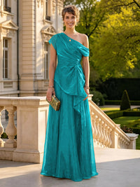 A Line One Shoulder Short Sleeves Long Mother of the Bride Dresses