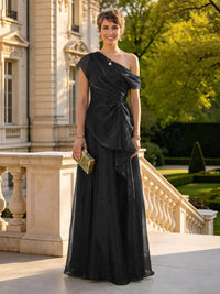 A Line One Shoulder Short Sleeves Long Mother of the Bride Dresses