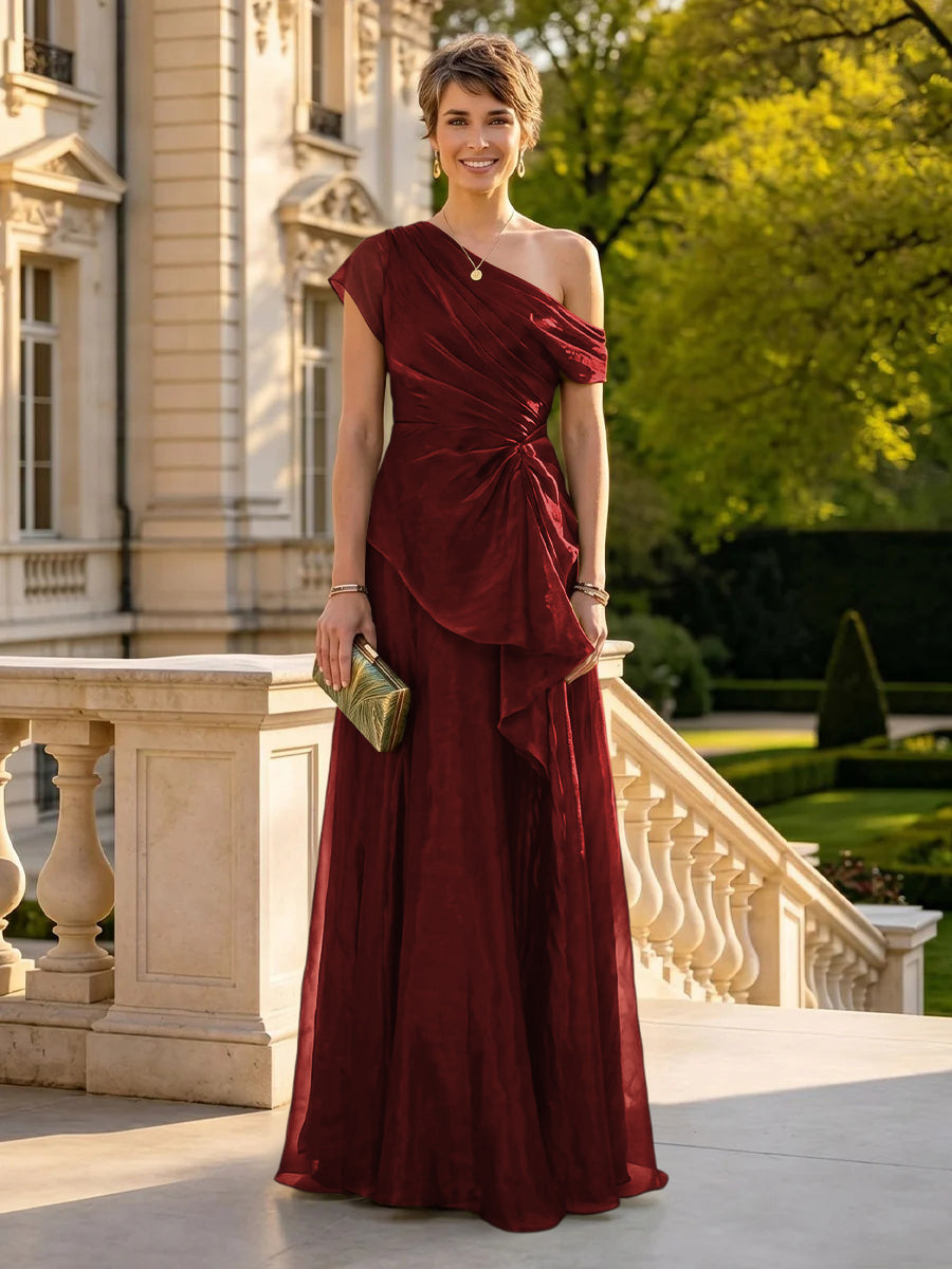A Line One Shoulder Short Sleeves Long Mother of the Bride Dresses
