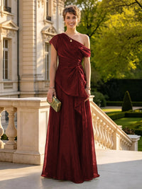 A Line One Shoulder Short Sleeves Long Mother of the Bride Dresses