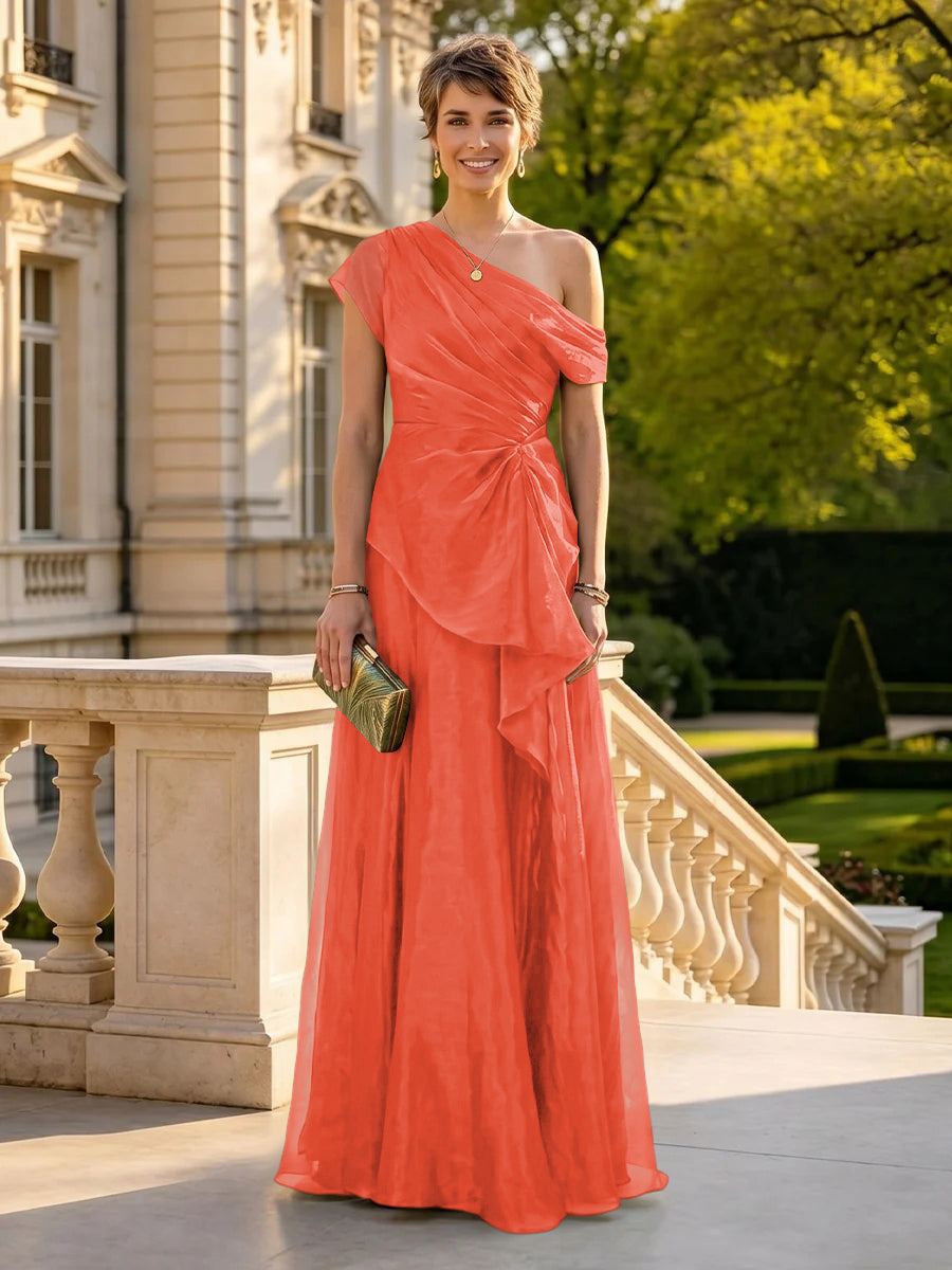 A Line One Shoulder Short Sleeves Long Mother of the Bride Dresses