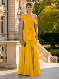 A Line One Shoulder Short Sleeves Long Mother of the Bride Dresses