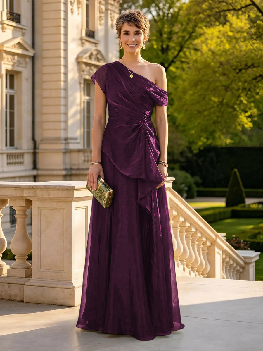 A Line One Shoulder Short Sleeves Long Mother of the Bride Dresses