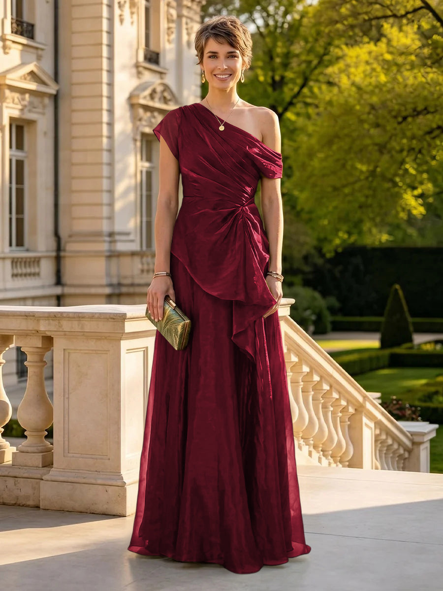 A Line One Shoulder Short Sleeves Long Mother of the Bride Dresses