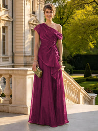 A Line One Shoulder Short Sleeves Long Mother of the Bride Dresses