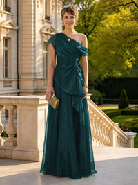 A Line One Shoulder Short Sleeves Long Mother of the Bride Dresses