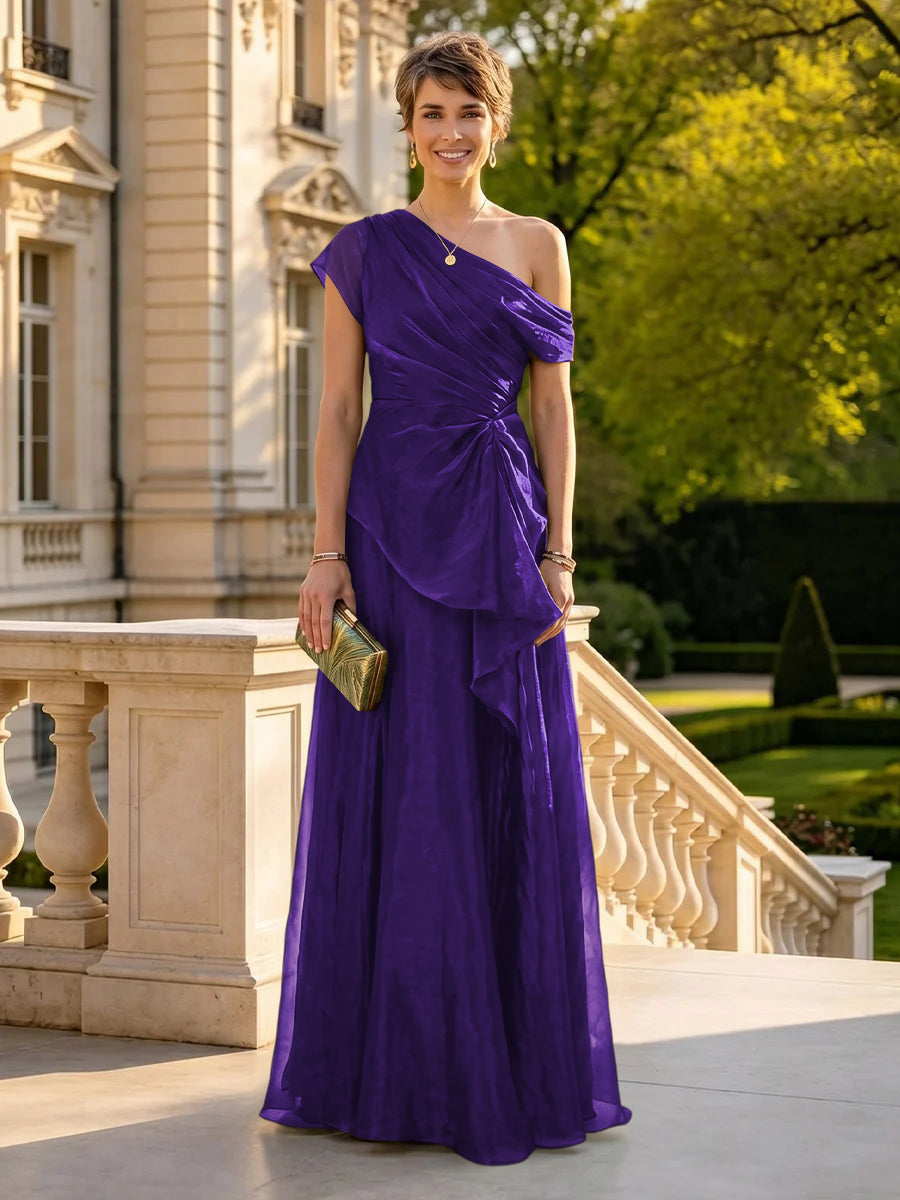 A Line One Shoulder Short Sleeves Long Mother of the Bride Dresses