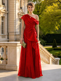 A Line One Shoulder Short Sleeves Long Mother of the Bride Dresses