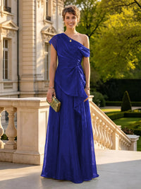 A Line One Shoulder Short Sleeves Long Mother of the Bride Dresses
