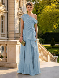 A Line One Shoulder Short Sleeves Long Mother of the Bride Dresses