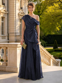 A Line One Shoulder Short Sleeves Long Mother of the Bride Dresses
