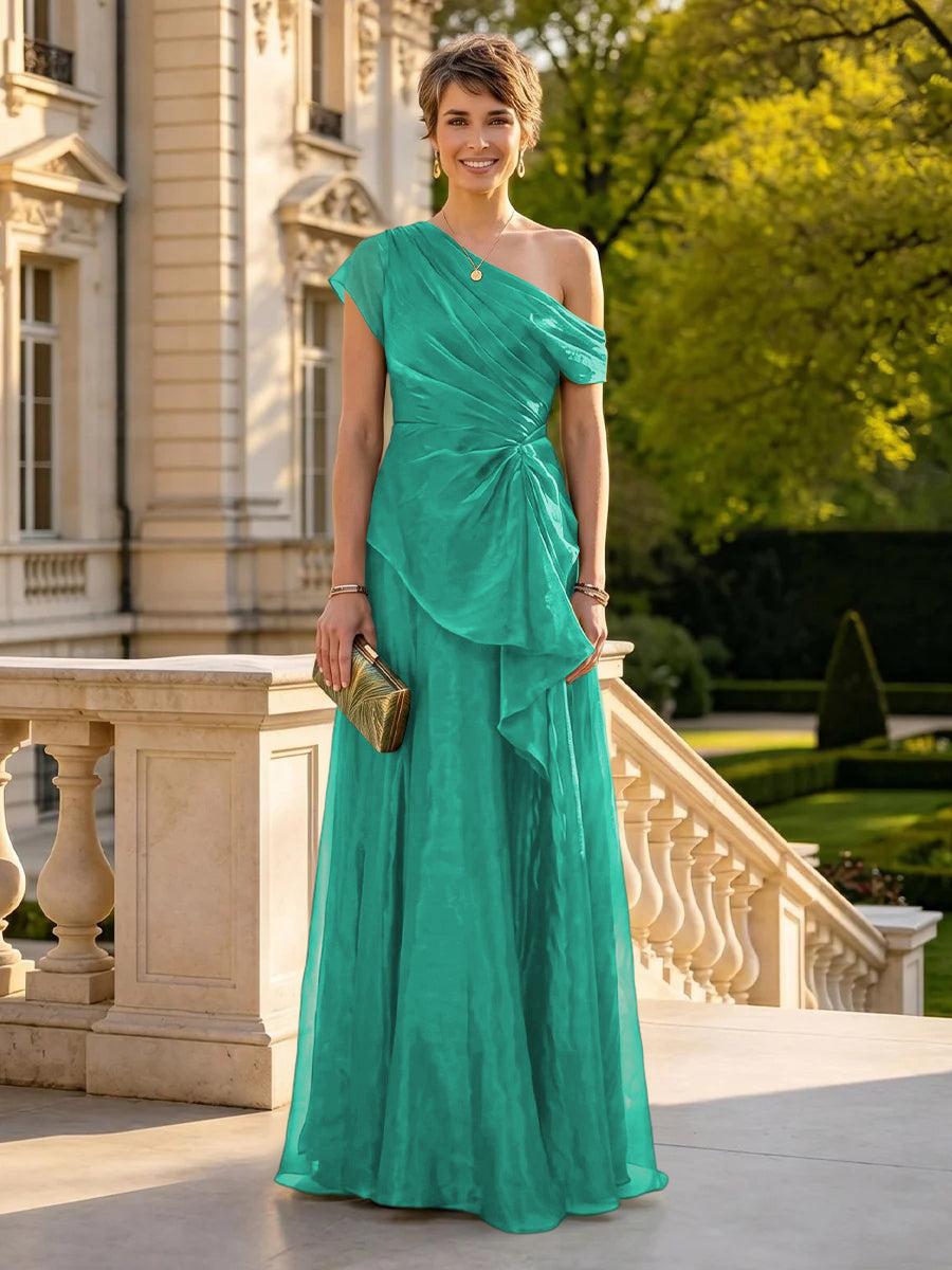 A Line One Shoulder Short Sleeves Long Mother of the Bride Dresses