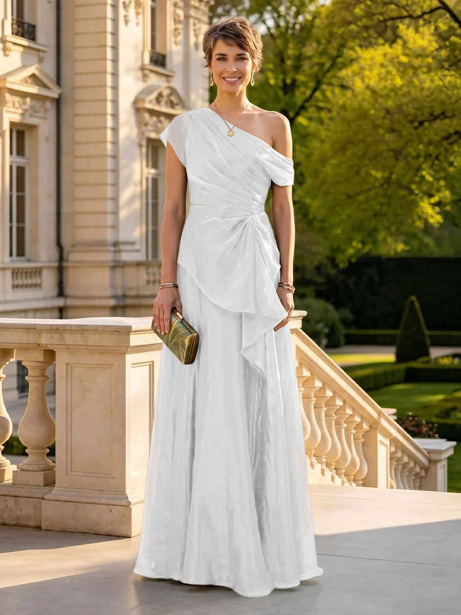 A Line One Shoulder Short Sleeves Long Mother of the Bride Dresses