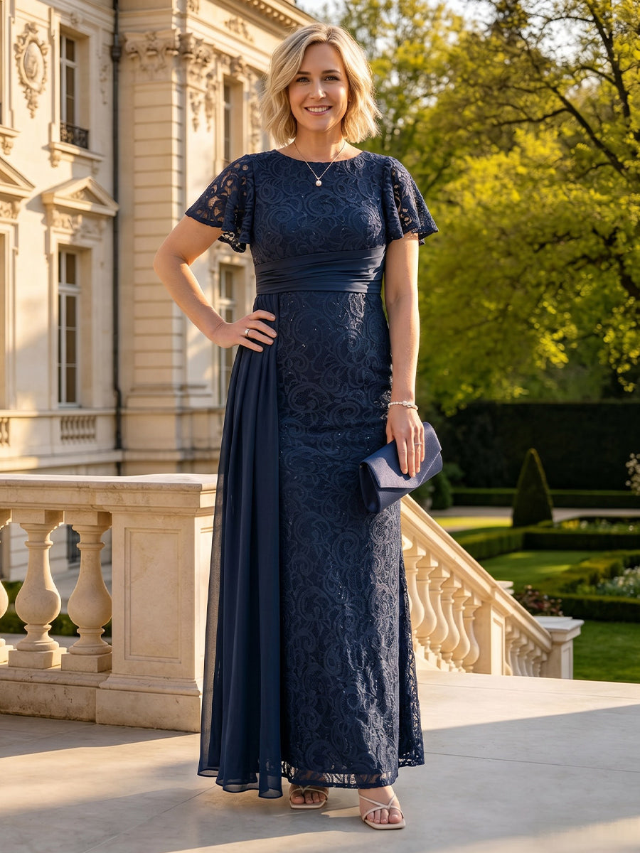 A Line Round Neck Short Sleeves Long Mother of the Bride Dresses