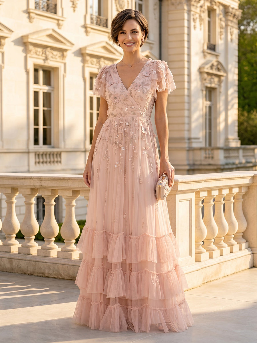 A Line V Neck Short Sleeves Mother of the Bride Dresses with Flower