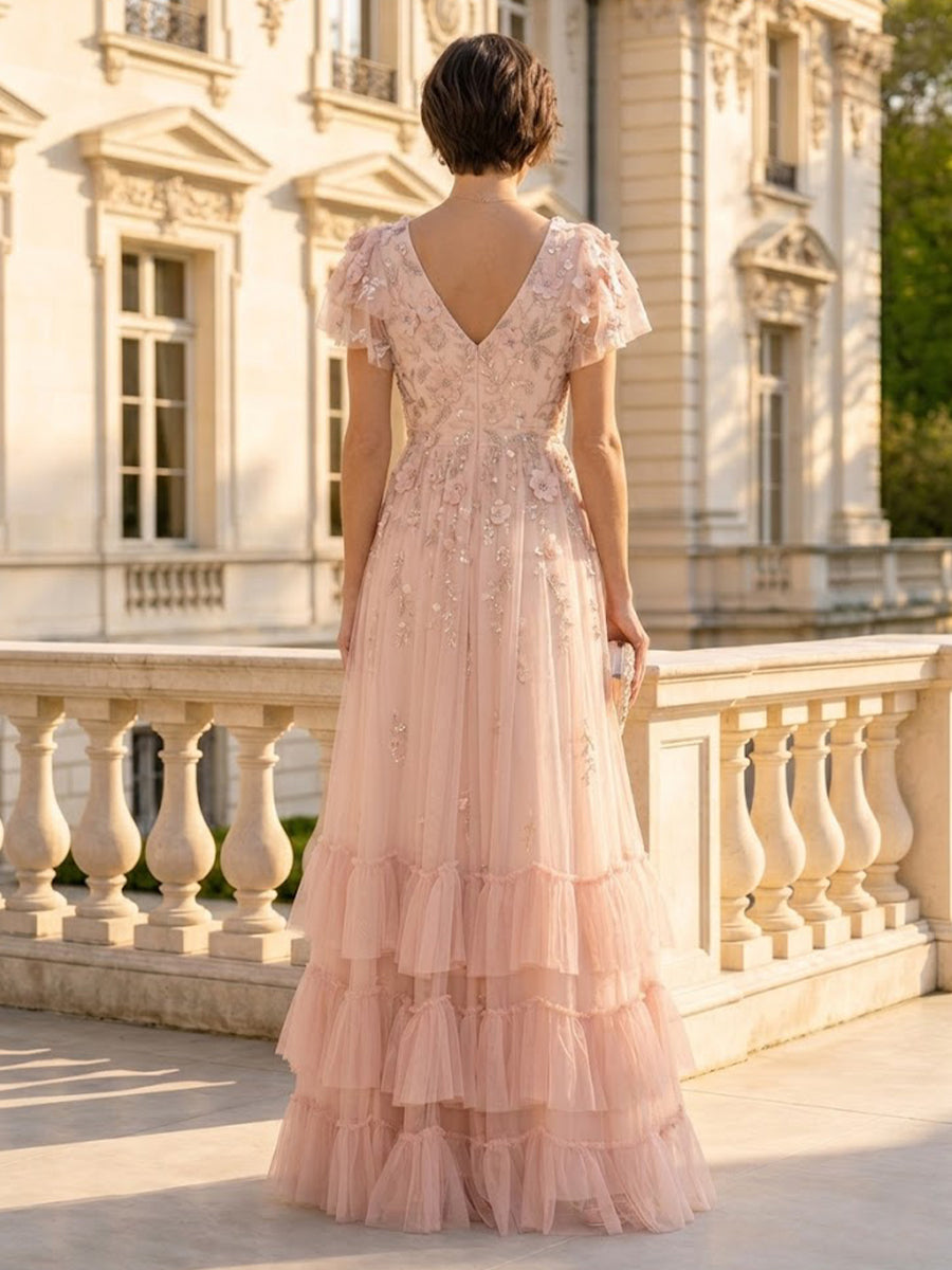A Line V Neck Short Sleeves Mother of the Bride Dresses with Flower