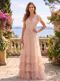 A Line V Neck Short Sleeves Mother of the Bride Dresses with Flower