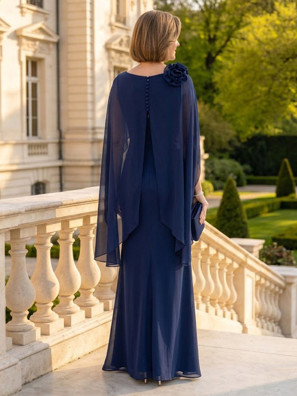 Column Round Neck Sleeveless Long Mother of the Bride Dresses with Cape