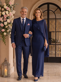 Column Round Neck Sleeveless Long Mother of the Bride Dresses with Cape
