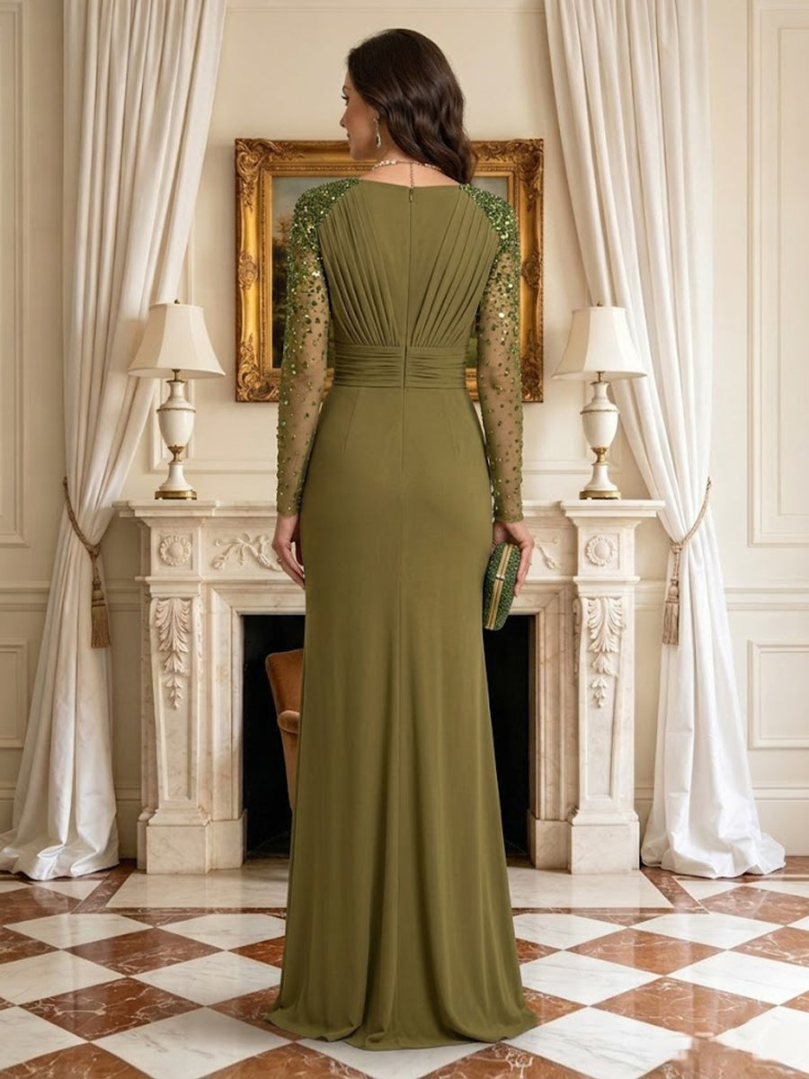 Mermaid Boat Neck Long Sleeves Mother of the Bride Dresses with Slit